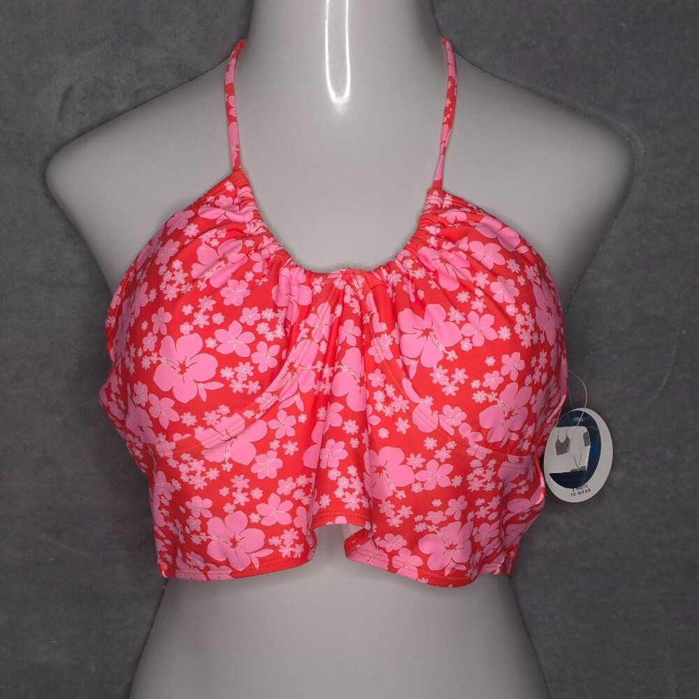 Decree Floral Halter Bikini Top XXL Adjustable 3-Way Wear Red & Pink